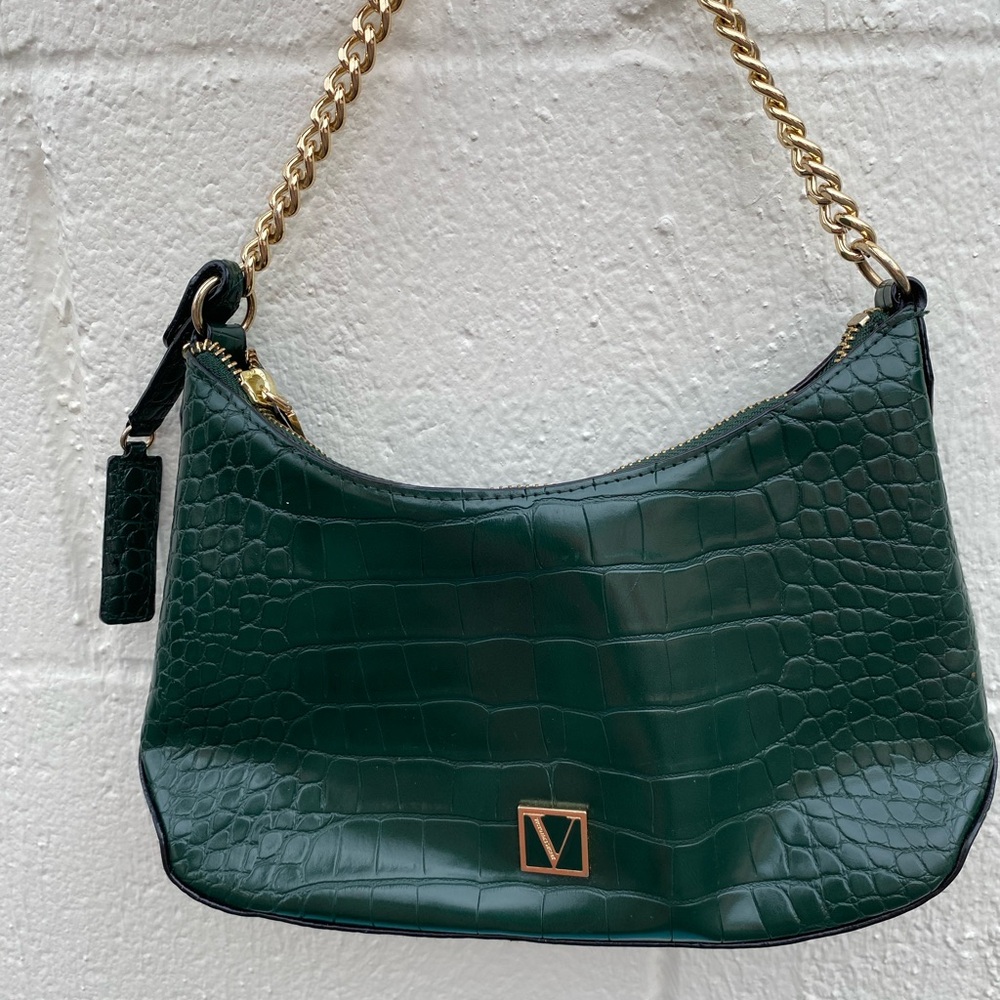 Green Crocodile-Embossed Shoulder Bag